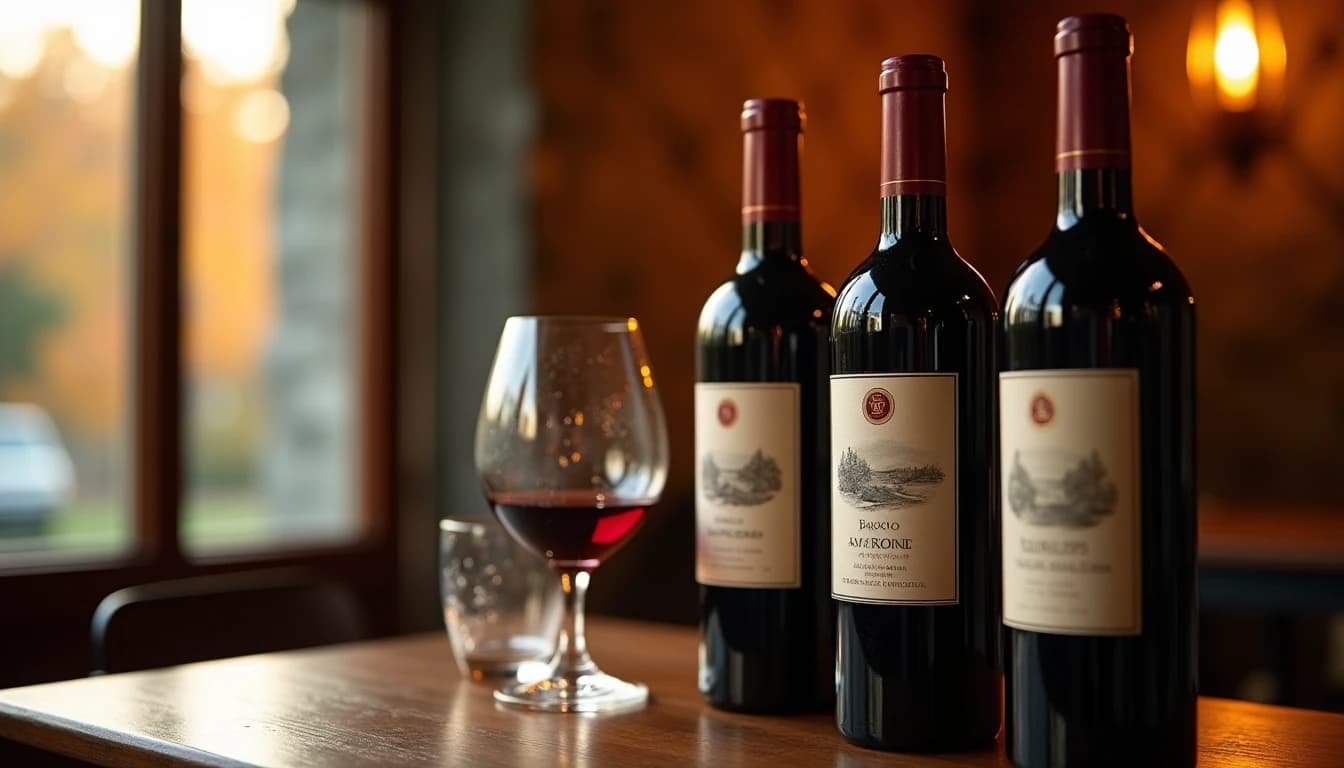 Editorial hero shot of three Italian red wine bottles on a dark walnut wooden table, Barolo, Amarone and Valpolicella labels facing camera, deep amber and burgundy tones, soft warm window light from the left side, autumn leaves visible through a blurred window in background, condensation on one glass nearby, wide angle 35mm look, shallow depth of field, photographic style of Decanter magazine, no candles, no flowers, no neon, editorial product photography, Whisky Magazine and Cigar Aficionado style, professional, hyperrealistic, warm amber lighting from window or bar lamp, polished wood and brass, shallow depth of field, 50mm lens look. Avoid: candles, lit candle, flowers, vases, Christmas decorations, neon, futuristic, jewelry, hanging bulbs, digital screens, motion blur, cartoon, illustration.