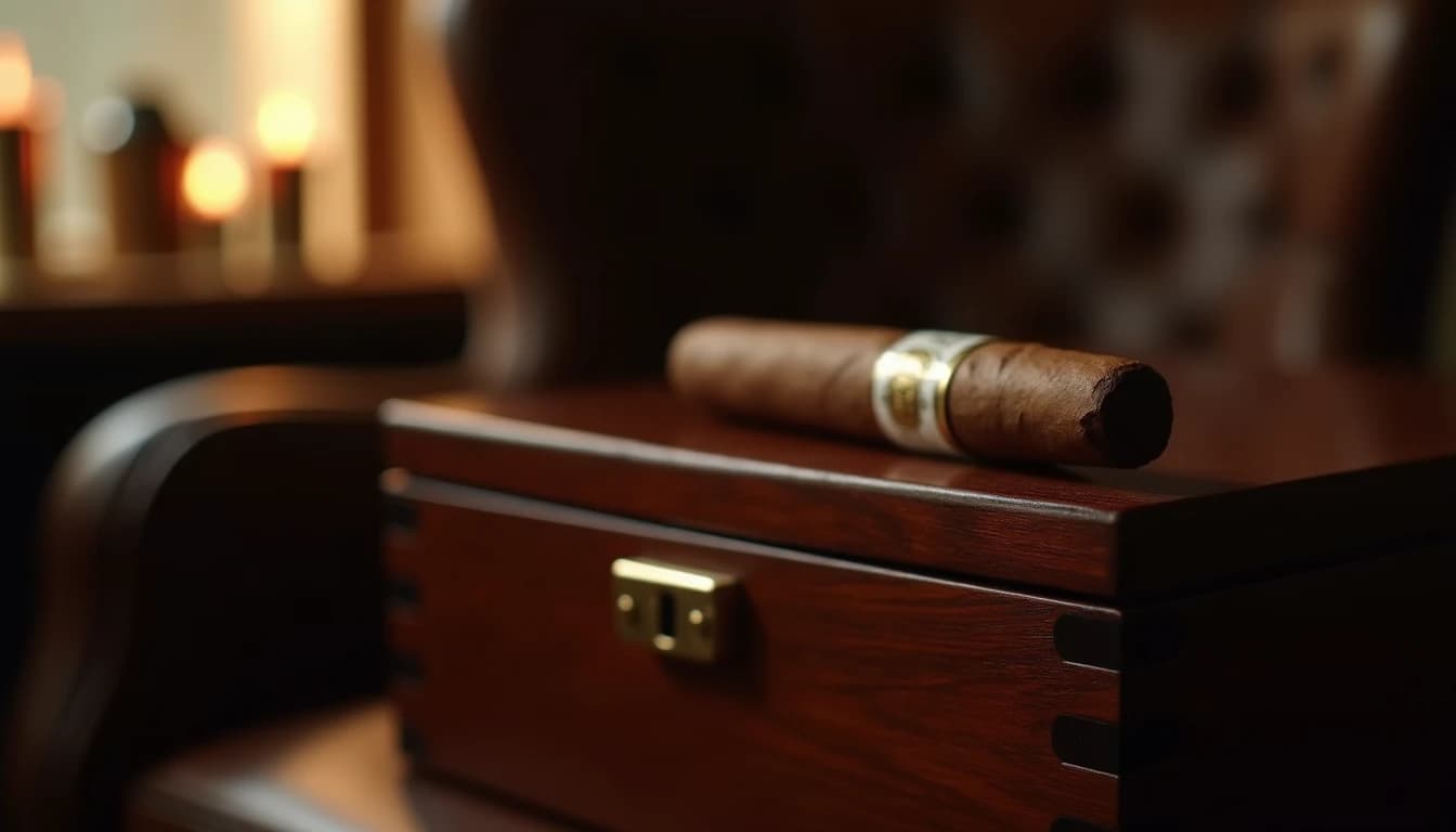 Editorial hero shot of an Oliva Serie V Melanio Toro cigar resting on a dark walnut humidor lid, rich oily Connecticut Broadleaf wrapper visible in detail, soft warm amber light entering from a left-side window, shallow depth of field with leather armchair blurred in background, neutral dark background, photographic style of Cigar Aficionado magazine, 85mm portrait lens feel, low-key warm tones, no candles, no flowers, no neon, editorial product photography, Whisky Magazine and Cigar Aficionado style, professional, hyperrealistic, warm amber lighting from window or bar lamp, polished wood and brass, shallow depth of field, 50mm lens look. Avoid: candles, lit candle, flowers, vases, Christmas decorations, neon, futuristic, jewelry, hanging bulbs, digital screens, motion blur, cartoon, illustration.