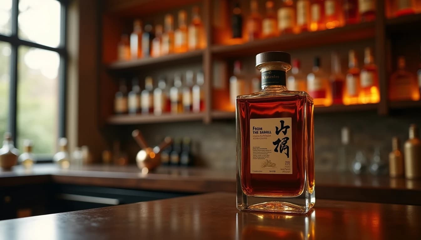 Editorial product photography of a Nikka From The Barrel whisky bottle, its distinctive compact square bottle standing on a dark walnut bar counter, amber liquid visible through glass, soft warm side lighting from a window on the left, blurred wooden shelves with whisky bottles in background, copper and amber color palette, shallow depth of field, Whisky Magazine style, 50mm lens look, no candles, no flowers, no neon, editorial product photography, Whisky Magazine and Cigar Aficionado style, professional, hyperrealistic, warm amber lighting from window or bar lamp, polished wood and brass, shallow depth of field, 50mm lens look. Avoid: candles, lit candle, flowers, vases, Christmas decorations, neon, futuristic, jewelry, hanging bulbs, digital screens, motion blur, cartoon, illustration.