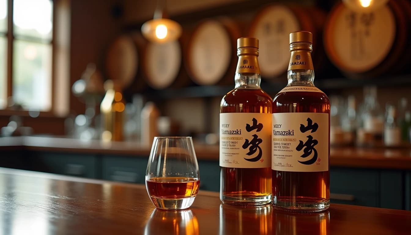 Editorial hero shot of Yamazaki Distillery whisky bottles, Yamazaki 12 and 18 year old single malt bottles on a polished dark walnut bar counter, amber Glencairn glass half-filled beside them, warm natural window light from left casting soft shadows, blurred wooden barrel stacks visible in background, rich copper and brown color palette, Whisky Magazine editorial style, 35mm perspective, shallow depth of field, no candles, no flowers, no neon, editorial product photography, Whisky Magazine and Cigar Aficionado style, professional, hyperrealistic, warm amber lighting from window or bar lamp, polished wood and brass, shallow depth of field, 50mm lens look. Avoid: candles, lit candle, flowers, vases, Christmas decorations, neon, futuristic, jewelry, hanging bulbs, digital screens, motion blur, cartoon, illustration.