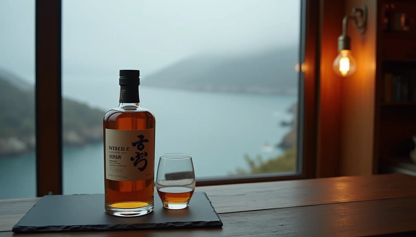 Editorial hero shot of a Nikka Yoichi Single Malt bottle on a dark slate surface near a coastal window, misty Hokkaido sea visible through the glass in soft grey-blue tones, a half-filled Glencairn glass beside the bottle with warm amber liquid, low-key natural light from the left, deep shadows, photographic style of Whisky Magazine, 35mm look, no candles, no flowers, no neon, editorial product photography, Whisky Magazine and Cigar Aficionado style, professional, hyperrealistic, warm amber lighting from window or bar lamp, polished wood and brass, shallow depth of field, 50mm lens look. Avoid: candles, lit candle, flowers, vases, Christmas decorations, neon, futuristic, jewelry, hanging bulbs, digital screens, motion blur, cartoon, illustration.
