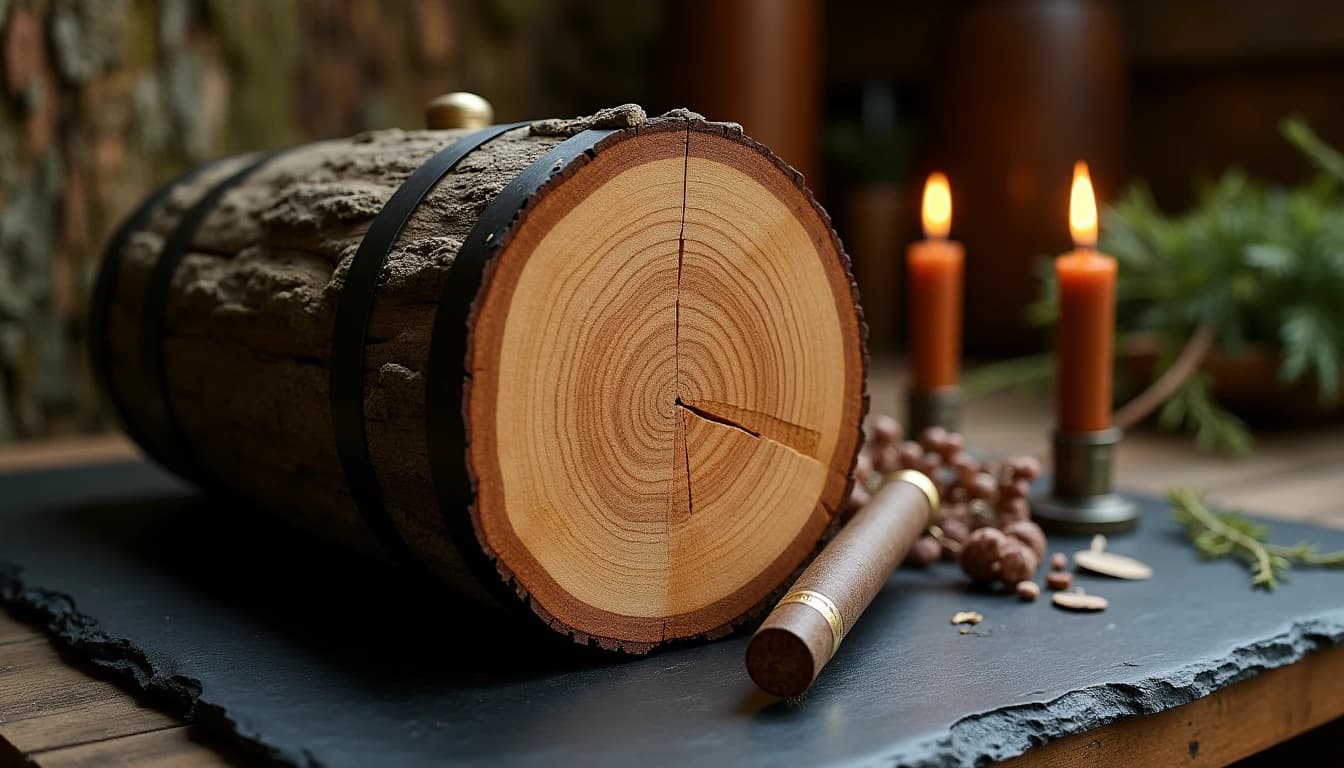 Editorial hero shot of a split Garryana oak log cross-section on a dark slate surface, showing dense tight wood grain and amber-brown rings, a single empty charred whisky barrel stave leaning against it, soft warm side lighting from a low workshop window, muted earth tones, mossy green and bark textures in background, shallow depth of field, Whisky Magazine editorial style, 35mm look, no candles, no flowers, editorial product photography, Whisky Magazine and Cigar Aficionado style, professional, hyperrealistic, warm amber lighting from window or bar lamp, polished wood and brass, shallow depth of field, 50mm lens look. Avoid: candles, lit candle, flowers, vases, Christmas decorations, neon, futuristic, jewelry, hanging bulbs, digital screens, motion blur, cartoon, illustration.