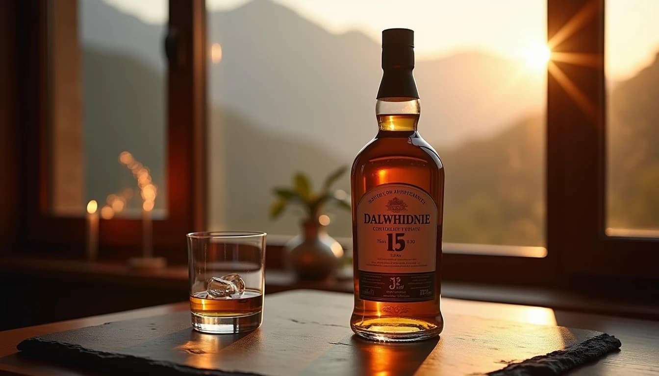 Editorial hero shot of a Dalwhinnie 15 Year Old whisky bottle standing on a dark slate surface, a half-filled Glencairn glass beside it catching warm amber light from a nearby window, blurred Highland mountain scenery visible through foggy glass in background, soft low-key natural daylight from the left, shallow depth of field, photographic style of Whisky Magazine, 50mm lens impression, copper and honey color palette, no candles, no flowers, no neon, editorial product photography, Whisky Magazine and Cigar Aficionado style, professional, hyperrealistic, warm amber lighting from window or bar lamp, polished wood and brass, shallow depth of field, 50mm lens look. Avoid: candles, lit candle, flowers, vases, Christmas decorations, neon, futuristic, jewelry, hanging bulbs, digital screens, motion blur, cartoon, illustration.