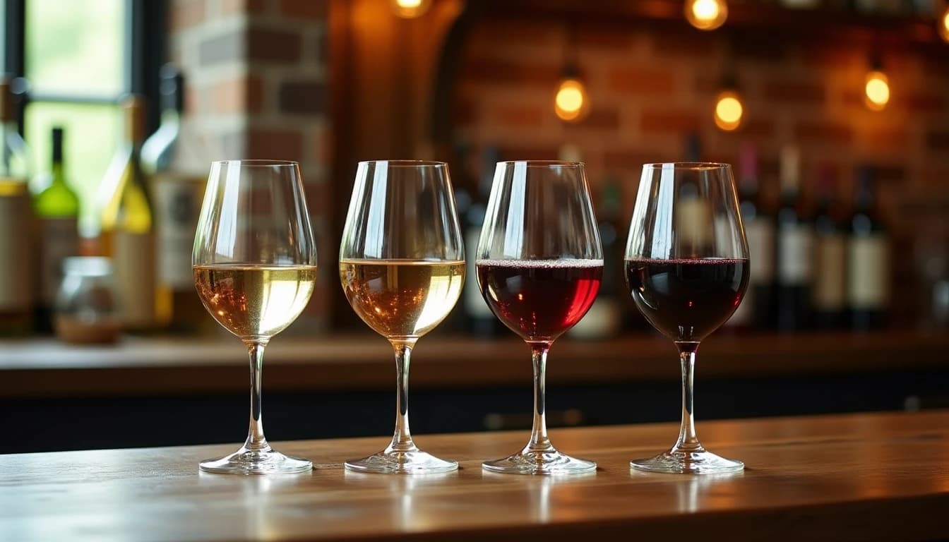 Editorial hero shot of four different wine glasses arranged in a row on a rustic oak table, each glass representing a season: a pale rosé, a crisp white, a light red, and a deep burgundy, soft natural window light from the left casting gentle shadows, warm amber and green tones, shallow depth of field, wine bottles slightly blurred in background, Decanter magazine photographic style, 35mm look, no candles, no flowers, editorial product photography, Whisky Magazine and Cigar Aficionado style, professional, hyperrealistic, warm amber lighting from window or bar lamp, polished wood and brass, shallow depth of field, 50mm lens look. Avoid: candles, lit candle, flowers, vases, Christmas decorations, neon, futuristic, jewelry, hanging bulbs, digital screens, motion blur, cartoon, illustration.