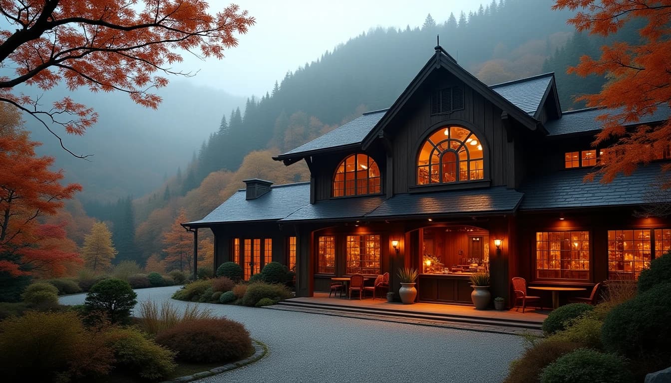Editorial wide-angle photograph of the Yamazaki distillery facade surrounded by dense Japanese forest, soft morning mist rising from the valley, autumn foliage in ochre and rust tones, traditional wooden architecture with copper pot stills visible through arched windows, warm ambient light from overcast sky, photographic style of Whisky Magazine, deep depth of field, no candles, no flowers, no neon, editorial product photography, Whisky Magazine and Cigar Aficionado style, professional, hyperrealistic, warm amber lighting from window or bar lamp, polished wood and brass, shallow depth of field, 50mm lens look. Avoid: candles, lit candle, flowers, vases, Christmas decorations, neon, futuristic, jewelry, hanging bulbs, digital screens, motion blur, cartoon, illustration.