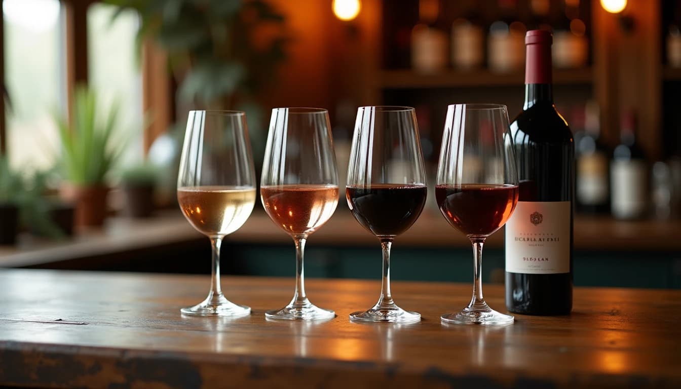 Editorial hero shot of four wine glasses lined up on a rustic wooden table, each filled with different wines representing seasons: pale Vermentino, blush Provence rosé, deep Pinot Noir, rich Port, soft warm amber window light from the left side, shallow depth of field, wine bottles blurred in background, Decanter magazine photographic style, 35mm look, muted earth tones, no candles, no flowers, editorial product photography, Whisky Magazine and Cigar Aficionado style, professional, hyperrealistic, warm amber lighting from window or bar lamp, polished wood and brass, shallow depth of field, 50mm lens look. Avoid: candles, lit candle, flowers, vases, Christmas decorations, neon, futuristic, jewelry, hanging bulbs, digital screens, motion blur, cartoon, illustration.