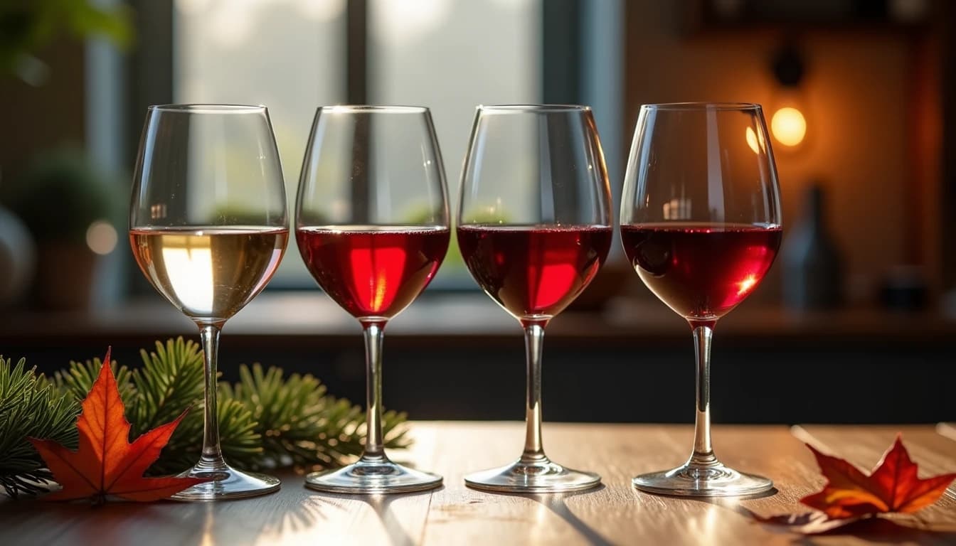 Editorial hero shot of four wine glasses arranged on a rustic oak table, each filled with a different wine style — white, rosé, light red, deep red — representing four seasons, soft natural side lighting from a tall window, warm amber and cool grey tones, autumn leaves and a pine branch subtly placed on the table surface, wide angle composition, Decanter magazine style, shallow depth of field, no candles, no flowers, no neon, editorial product photography, Whisky Magazine and Cigar Aficionado style, professional, hyperrealistic, warm amber lighting from window or bar lamp, polished wood and brass, shallow depth of field, 50mm lens look. Avoid: candles, lit candle, flowers, vases, Christmas decorations, neon, futuristic, jewelry, hanging bulbs, digital screens, motion blur, cartoon, illustration.
