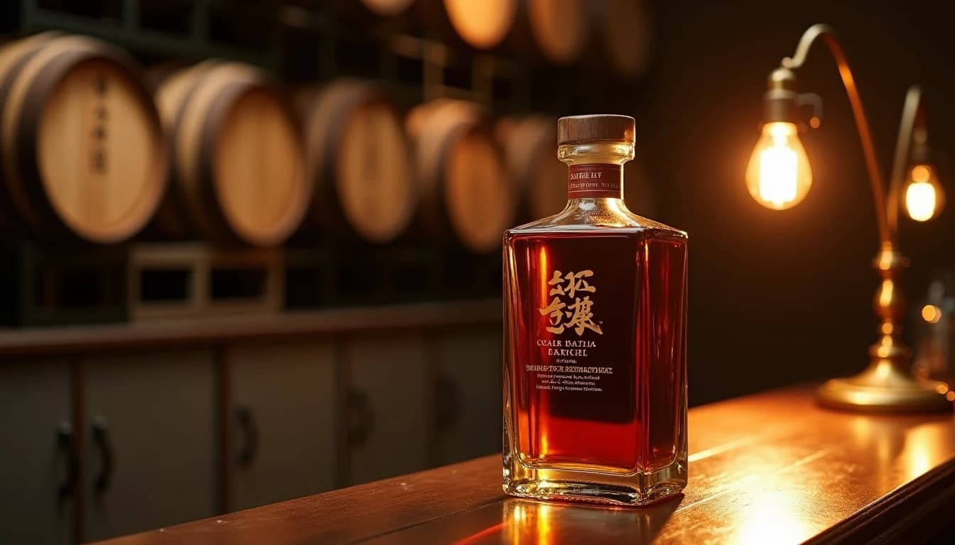 Editorial product shot of a Nikka From The Barrel whisky bottle standing upright on a dark walnut bar counter, the distinctive rectangular blocky bottle shape clearly visible, warm amber backlight coming from a low bar lamp on the right side, rich golden-brown liquid visible through the glass, blurred whisky barrels stacked in the background, photographic style of Whisky Magazine, 50mm lens look, shallow depth of field, muted earth tones, no candles, no flowers, editorial product photography, Whisky Magazine and Cigar Aficionado style, professional, hyperrealistic, warm amber lighting from window or bar lamp, polished wood and brass, shallow depth of field, 50mm lens look. Avoid: candles, lit candle, flowers, vases, Christmas decorations, neon, futuristic, jewelry, hanging bulbs, digital screens, motion blur, cartoon, illustration.