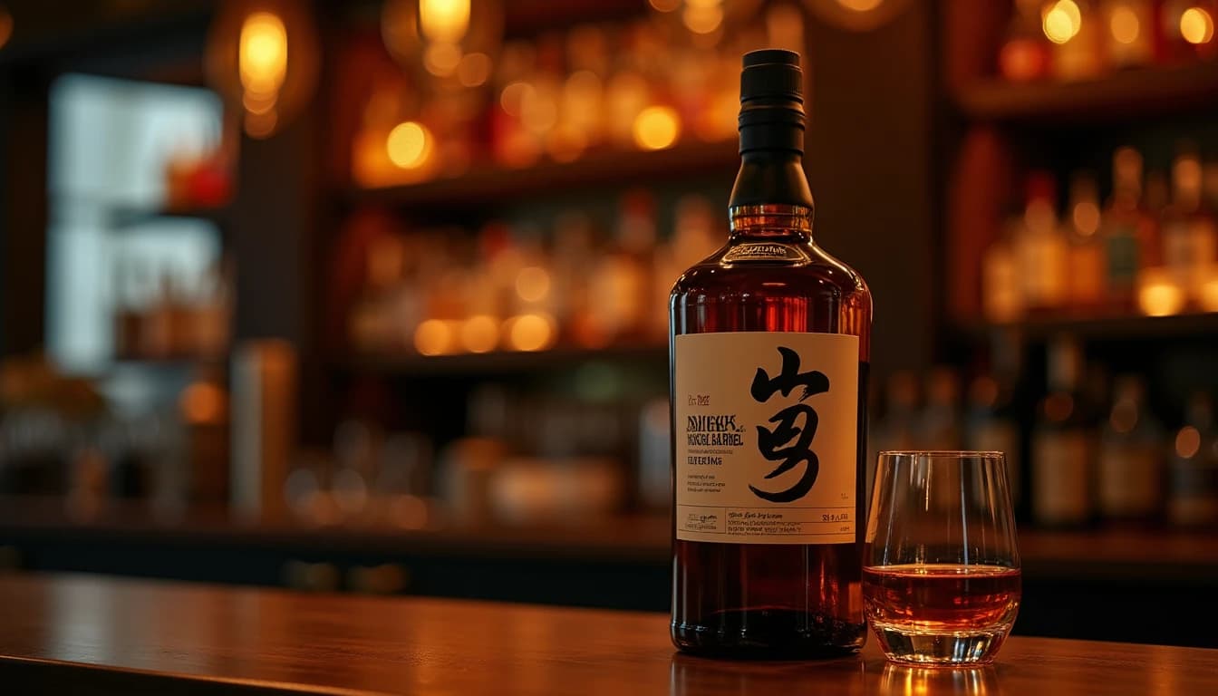 Editorial hero shot of a Nikka From The Barrel whisky bottle, compact rectangular bottle with distinctive thick neck, placed on a dark polished walnut bar counter, warm amber backlight from low bar lamp behind bottle, copper-hued Glencairn glass beside it filled halfway with golden whisky, blurred whisky barrels and dark shelving in background, Whisky Magazine style, 35mm lens look, shallow depth of field, rich amber and mahogany tones, no candles, no flowers, no neon, editorial product photography, Whisky Magazine and Cigar Aficionado style, professional, hyperrealistic, warm amber lighting from window or bar lamp, polished wood and brass, shallow depth of field, 50mm lens look. Avoid: candles, lit candle, flowers, vases, Christmas decorations, neon, futuristic, jewelry, hanging bulbs, digital screens, motion blur, cartoon, illustration.