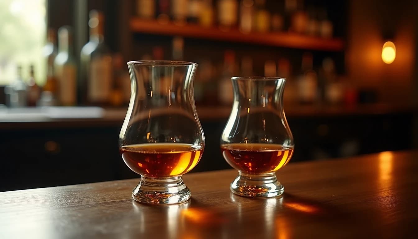 Editorial hero shot of a Glencairn whisky glass and a Copita glass side by side on a dark walnut bar counter, both half-filled with amber single malt whisky, warm diffused window light from the left casting soft shadows, polished wood surface with subtle grain, blurred bottles on back shelf, rich amber and mahogany color palette, Whisky Magazine style, 35mm perspective, shallow depth of field, no candles, no flowers, no neon, editorial product photography, Whisky Magazine and Cigar Aficionado style, professional, hyperrealistic, warm amber lighting from window or bar lamp, polished wood and brass, shallow depth of field, 50mm lens look. Avoid: candles, lit candle, flowers, vases, Christmas decorations, neon, futuristic, jewelry, hanging bulbs, digital screens, motion blur, cartoon, illustration.