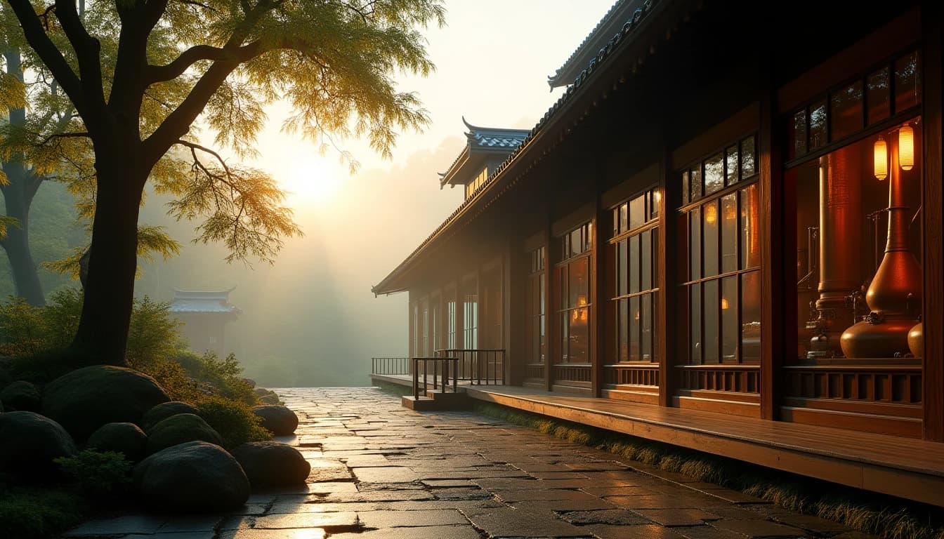 Editorial wide-angle photograph of Yamazaki Distillery exterior in early morning mist, traditional Japanese wooden architecture with copper pot stills visible through large windows, three rivers valley visible in soft background, dense bamboo and cedar forest surrounding the building, warm amber morning light from the left, deep green and ochre tones, Whisky Magazine editorial style, 24mm wide lens impression, no candles, no flowers, no neon, editorial product photography, Whisky Magazine and Cigar Aficionado style, professional, hyperrealistic, warm amber lighting from window or bar lamp, polished wood and brass, shallow depth of field, 50mm lens look. Avoid: candles, lit candle, flowers, vases, Christmas decorations, neon, futuristic, jewelry, hanging bulbs, digital screens, motion blur, cartoon, illustration.