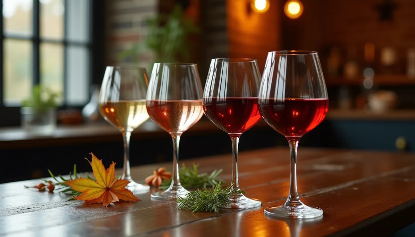 Editorial hero shot of four wine glasses arranged in a seasonal tableau on a dark oak table, each glass containing a different wine: pale straw white, blush rosé, light ruby red, deep garnet red, soft warm natural light from a tall window on the left, autumn leaves and green herbs subtly placed beside glasses without dominating, shallow depth of field, 35mm editorial look, Decanter magazine style, muted warm color palette, no candles, no flowers in vases, no neon, editorial product photography, Whisky Magazine and Cigar Aficionado style, professional, hyperrealistic, warm amber lighting from window or bar lamp, polished wood and brass, shallow depth of field, 50mm lens look. Avoid: candles, lit candle, flowers, vases, Christmas decorations, neon, futuristic, jewelry, hanging bulbs, digital screens, motion blur, cartoon, illustration.